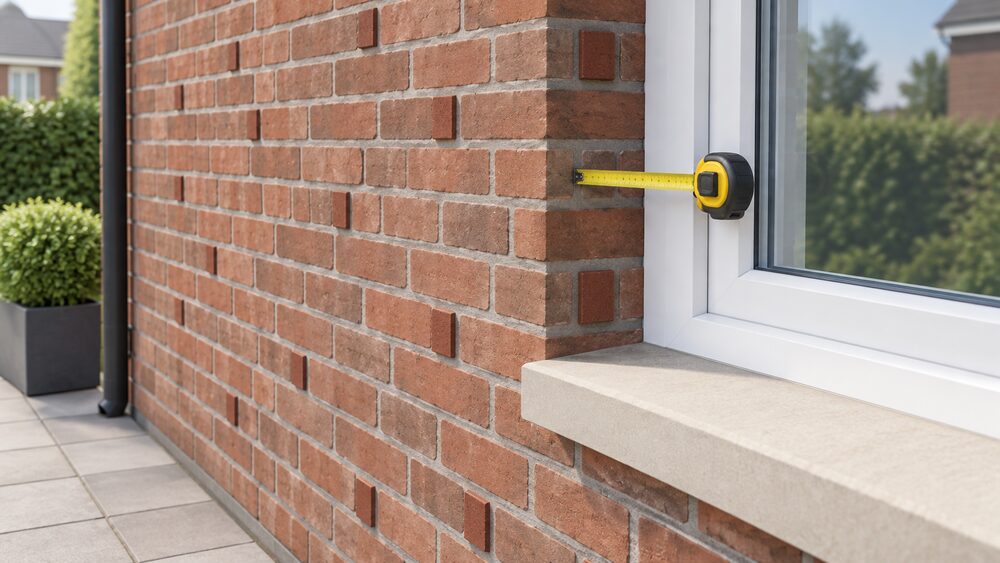 A close-up of an external brick wall beside a window opening, showing the brick face with end bricks scattered across the middle of the wall and a tape measure extended across the window reveal to gauge the wall's thickness.
