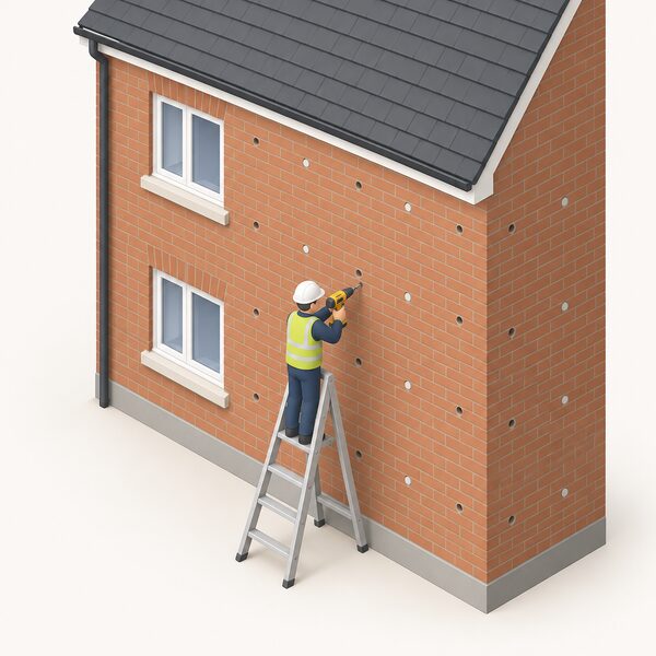 A close view of a house's outer brick wall showing a pattern of small drilled holes spaced roughly a metre apart, with a small isometric installer figure on a ladder using a power drill to make one of the holes in the outer leaf.