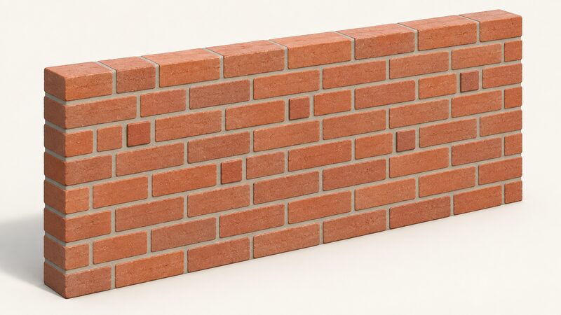 A close-up external brick wall face in stretcher-like courses where several full bricks are laid end-on, showing their small square ends scattered across the middle of the wall away from any window or door opening, indicating solid construction.