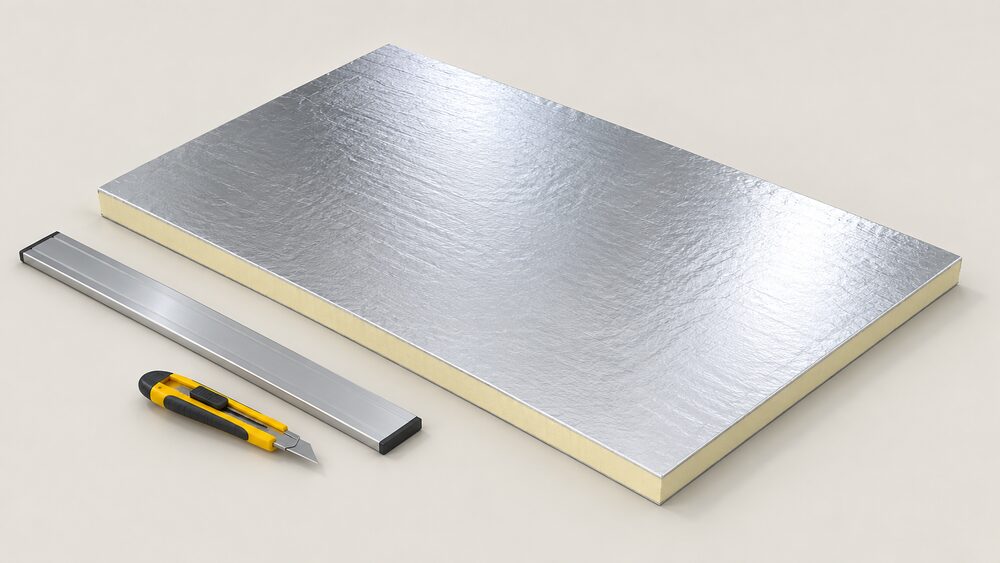 A single flat, foil-faced rigid PIR insulation board standing centrally, its reflective silver foil face catching the light, with a straightedge and a sharp utility knife resting beside it on the floor where a board has just been cut to size on site.
