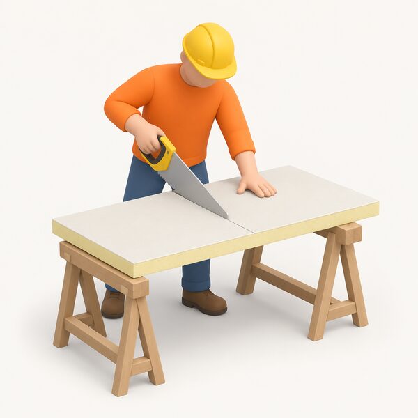 A flat rigid PIR insulation board lying on a flat work surface on site, marked with a straight pencil guideline, being cut to size with a standard hand saw by a simplified figure steadying the board with one hand.