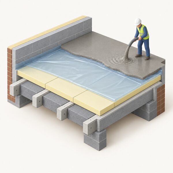 A cutaway isometric view of a beam and block ground floor with rigid PIR insulation boards fitted tightly between the beams, a light-gauge polythene separation layer laid over the boards, and the screed ready to be poured.