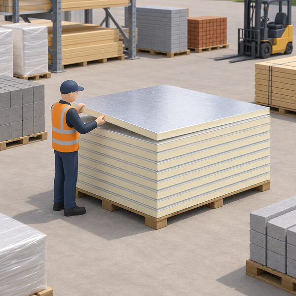A builders' merchant yard or stock bay with a tall stack of rigid PIR insulation boards lying flat, foil-faced edges visible, one small simplified figure of a customer or staff member beside the stack checking a board, with other plain stacked building materials around.