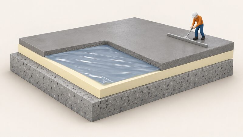 A cutaway diagram of a ground floor build-up showing a rigid PIR insulation board laid flat over a concrete slab, with a polythene separation sheet spread over the board and a layer of screed poured on top, one edge cut away to reveal each layer in sequence.
