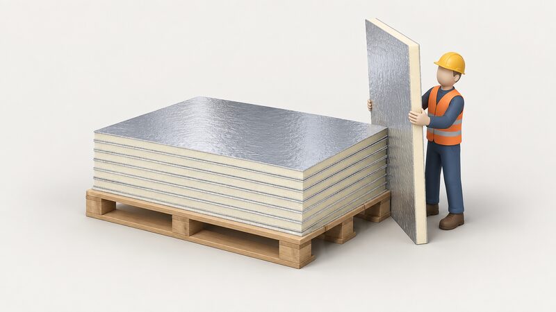 A builders' merchant yard scene with a wooden pallet holding a flat stack of foil-faced rigid PIR insulation boards, one board lifted upright beside the stack by a simplified figure to show its fixed thickness edge.