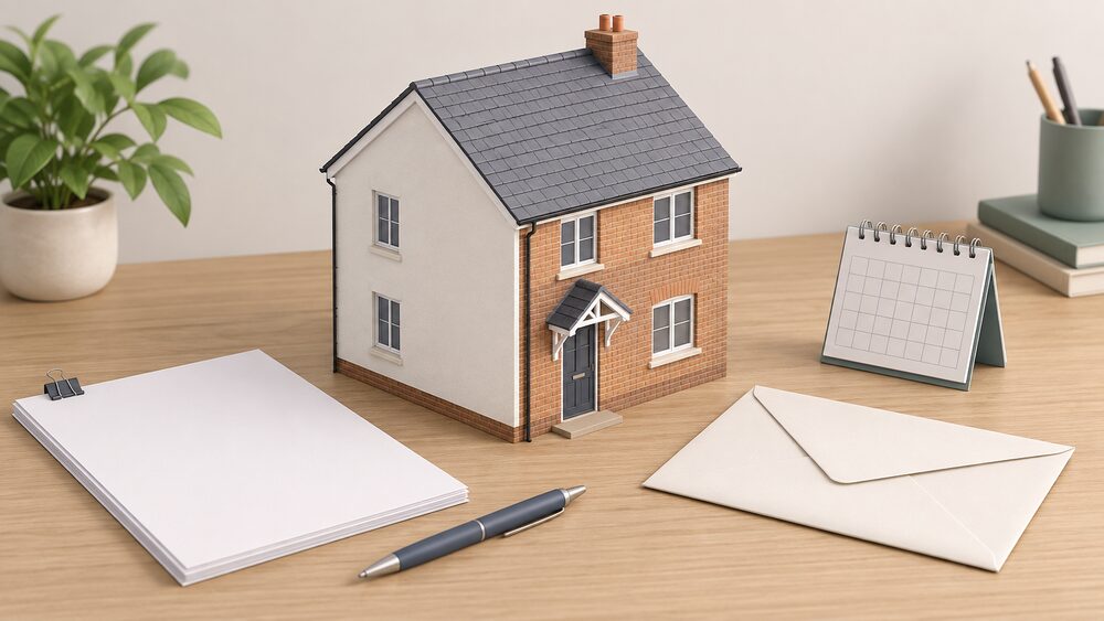 A small plain model of a two-storey house with one freshly rendered, smooth pale wall stands on a table beside blank application paperwork, a sealed envelope, a pen and a small calendar, arranged as the moment before submitting a planning application for external wall insulation.