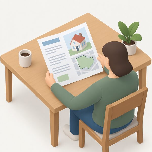 A paper Article 4 direction document lying on a table in a home, held open by a simplified householder checking it, with a small simplified house outline and plain colour blocks on the sheet standing in for the property or area it covers.