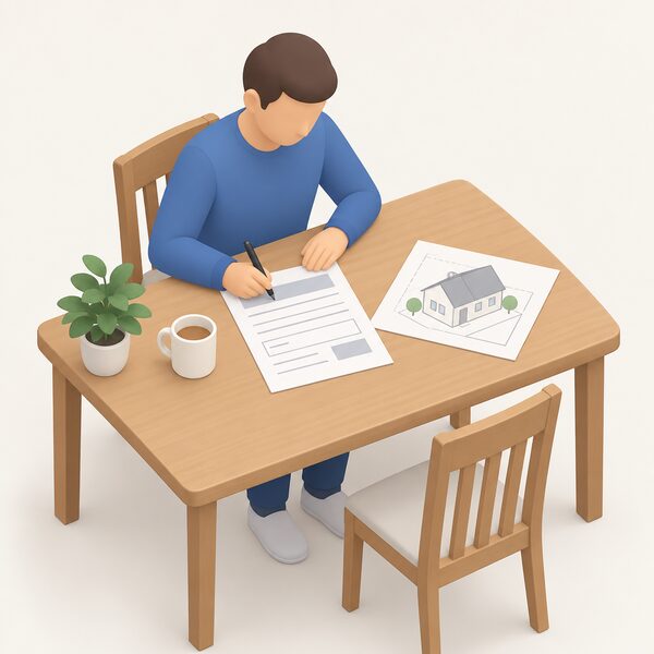 A householder seated at a kitchen table filling in a printed planning application form by hand, with a pen in hand, blank lines and plain blocks on the form, and a simple sketch of their house lying beside it.