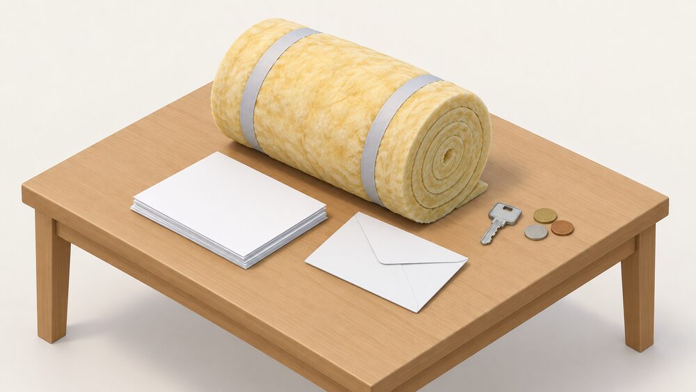 A roll of loft insulation lying on a table beside a small stack of blank paperwork, a sealed envelope, a house key and a few coins, suggesting the leftover warranty and loan paperwork from a closed insulation scheme.