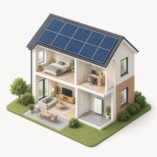 A cutaway view of a house with solar PV panels on the pitched roof and a battery storage unit on an indoor wall, showing the funded measures that reduce a household's dependence on its energy supplier.