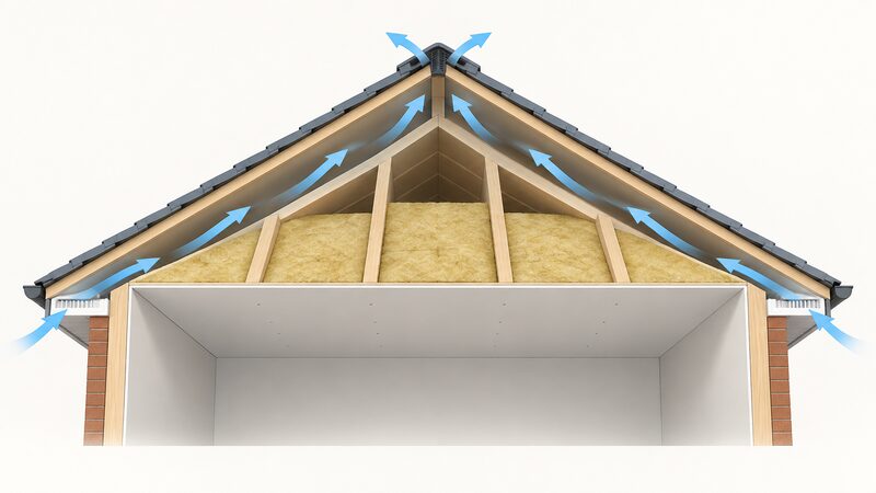 A cutaway of a cold pitched roof showing air entering through eaves vents at both sides, flowing through a clear gap above the insulation layer between the rafters, and exiting through ridge vents at the apex.