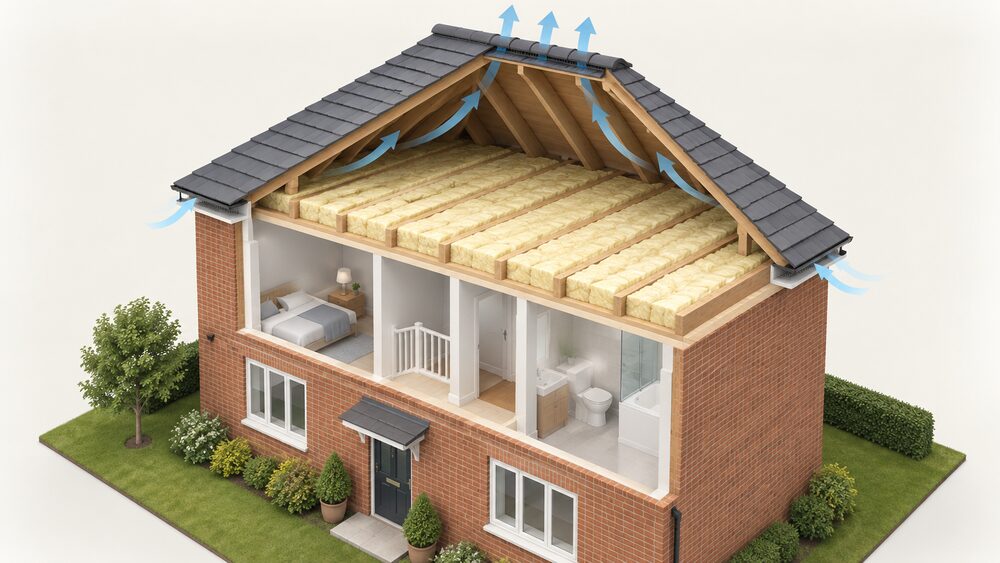 A cutaway of a house's pitched roof showing insulation laid between and over the ceiling joists of the loft, a clear ventilated air gap above the insulation running from eaves vents on both sides up to vent tiles along the ridge, with the roof covering above.