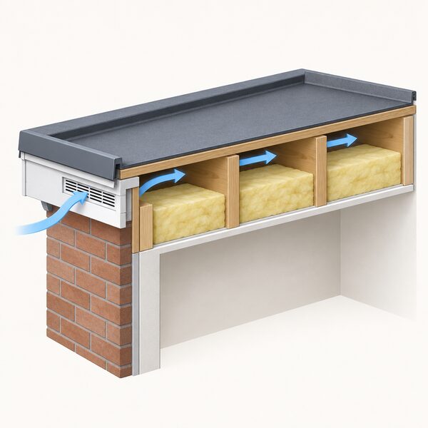 A cutaway cross-section of a cold deck flat roof showing a continuous 50mm ventilation gap between the top of the insulation below the joists and the underside of the roof deck, with air flowing in through an open ventilation opening at the eaves.
