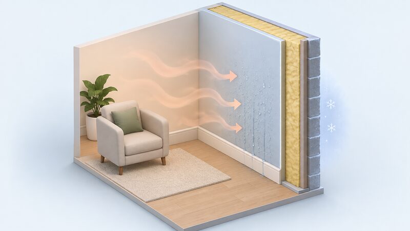 A cutaway interior room corner showing warm moist air, drawn as soft drifting shapes, moving across an insulated wall whose outer layer is cold, with water droplets forming and running down the cold inner surface near the skirting.