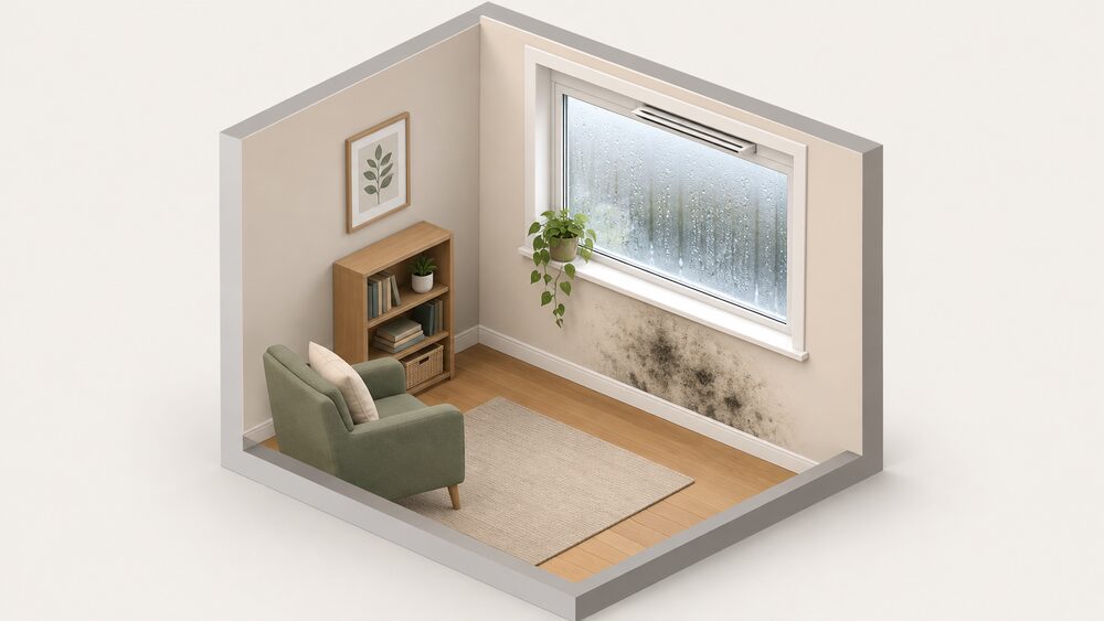 A room corner where a cold window pane is covered in condensation droplets, with a patch of black mould spreading on the plastered wall beneath the window sill and a trickle vent open at the top of the window frame.