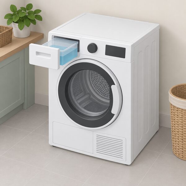 A condenser tumble dryer standing in a home utility space, drawn as a simple isometric view with its front-loading door and a pull-out condensation water tank at the top left of the machine, the tank shown partly filled with plain blue water to indicate the moisture the appliance collects.