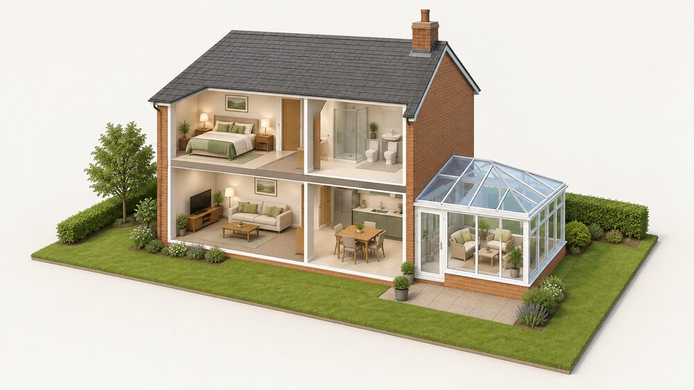 A cutaway of a house attached to a single-storey glazed conservatory at ground level, with the conservatory separated from the living room by an external quality glazed door, and no radiator or heating pipework anywhere in the conservatory.
