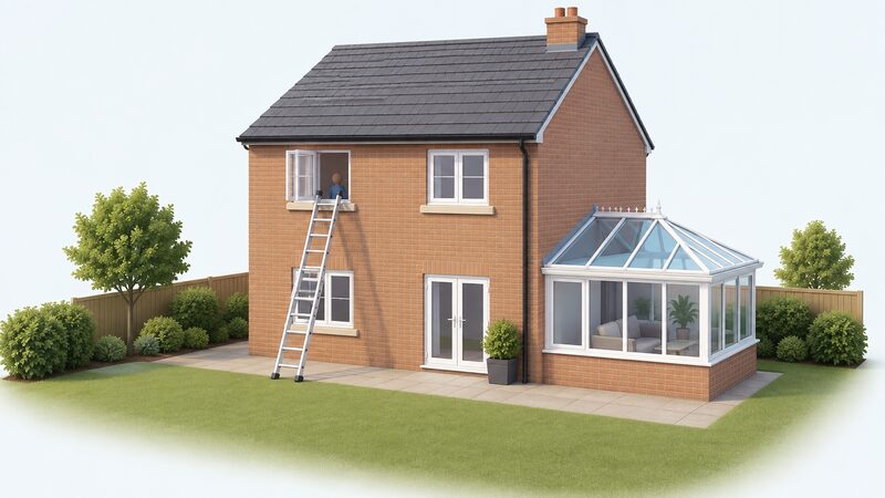A simple two-storey house shown from outside with a first-floor escape window, a rescue ladder standing clear on the ground reaching that window, and a conservatory attached to the house set well to one side so the ladder route is unobstructed.
