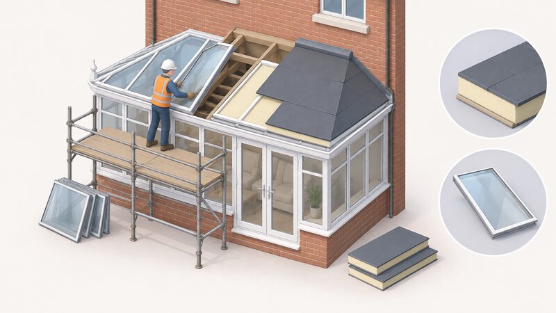 A small isometric figure on a scaffold platform removes old glazed roof panels from a conservatory attached to a house, while insulated solid roof panels with a covering layer are being fitted in their place, showing the replacement work that brings the structure under Building Regulations.