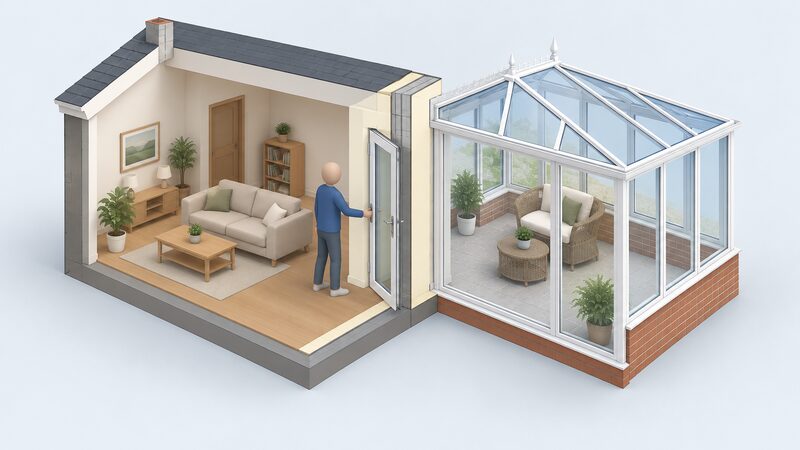 A cutaway isometric view of a house and attached conservatory, separated by a solid insulated wall containing a full-height double glazed external-quality door, with a simplified figure closing the door from the house side so the conservatory stands outside the heated envelope.