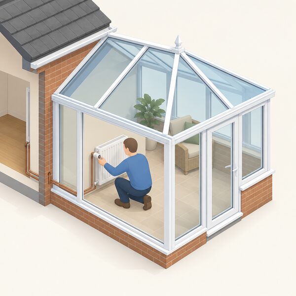 A small isometric conservatory attached to a house, with a panel radiator on its wall fed by pipework running from the dwelling, and a simplified figure fitting a thermostatic radiator valve head onto the radiator.