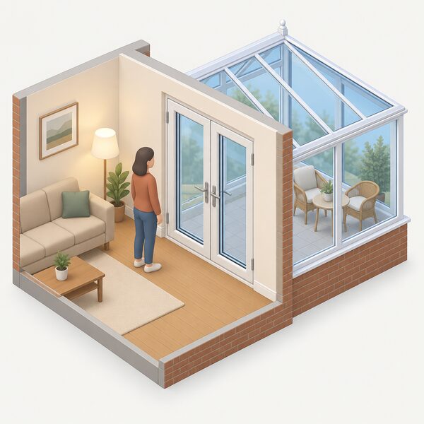 A cutaway view of a house wall where a set of double glazed draught sealed doors, shown closed, separates the warm heated room from an unheated conservatory beyond, with a simplified figure standing in the house beside the doors to show they can be closed off on cold days.