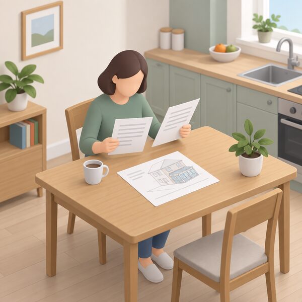 A householder seated at a kitchen table at home reading a Party Wall Act notice and a consent letter, both shown as physical papers with blank lines, with a simple sketch of the planned extension lying beside them.