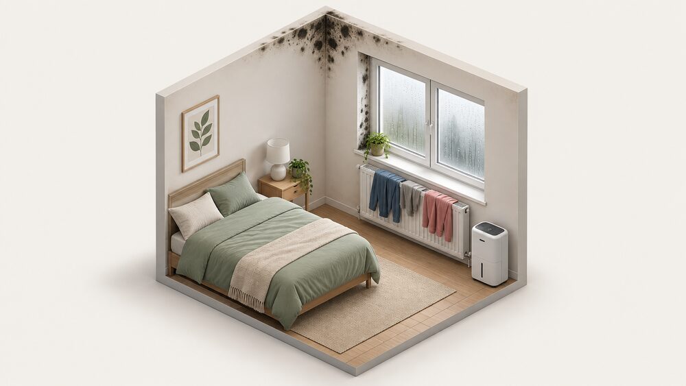A corner of a bedroom with black mould spotting along the ceiling junction and at a window reveal, a misted double-glazed window, clothes drying on a radiator, and a dehumidifier standing on the floor nearby.