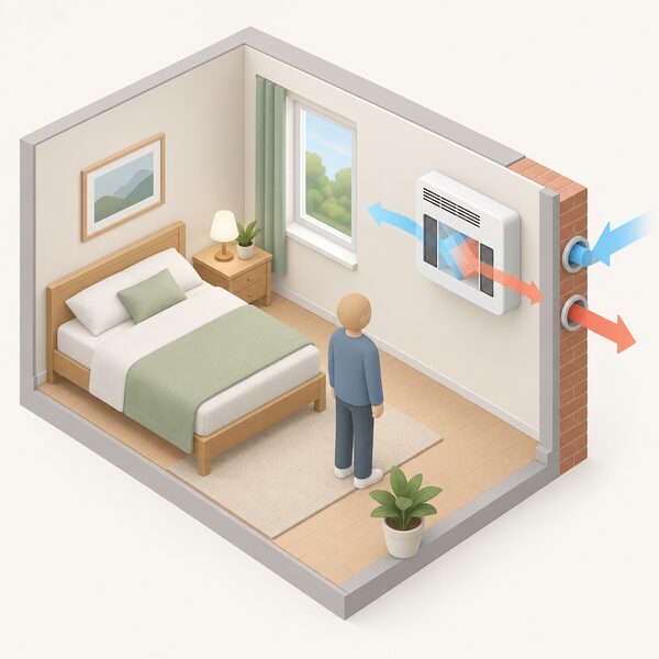 A small decentralised MVHR unit mounted on the inside face of an external wall in a single decorated room, with a simplified isometric figure nearby, showing fresh air passing through the unit's internal heat exchanger while stale air is extracted, with no ductwork runs.