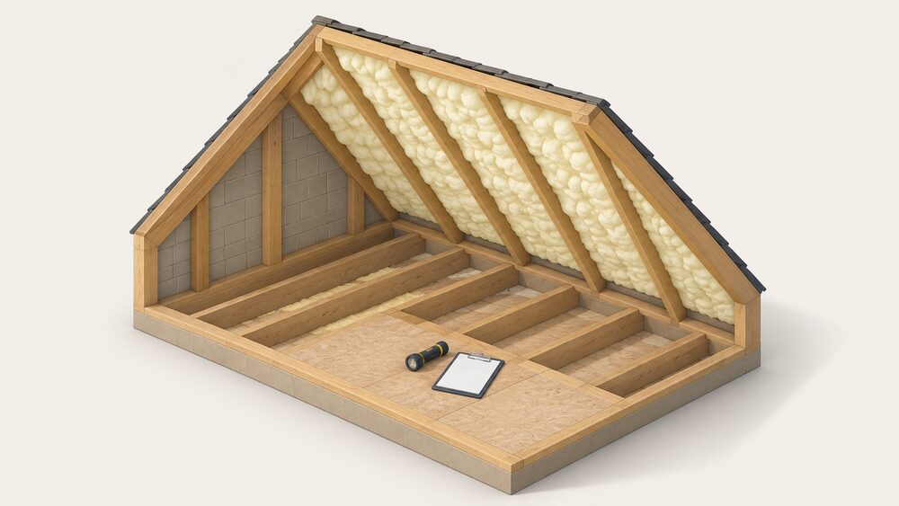 A loft space seen in daylight where the sloping underside of the roof between the timber rafters is coated in bumpy cream spray foam, with a torch and a clipboard of blank paperwork resting on the joists beside it.