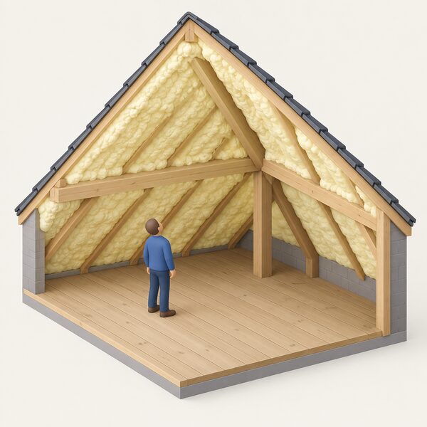 An empty loft space viewed along the sloping roof, with the underside of the rafters and timbers coated in a bumpy cream-yellow layer of bonded spray foam, while a small isometric figure stands on the loft boards looking up at the coated roof structure.