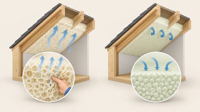 A side-by-side cutaway diagram of two foam samples on a sloped timber roof underside: open-cell shown as a spongy open-bubbled layer with moisture vapour arrows passing through and a hand pressing it, closed-cell shown as a dense tight-bubbled layer blocking vapour arrows.