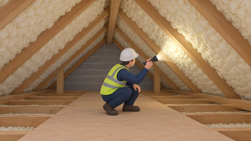 A surveyor in a loft space crouches between roof timbers, shining a torch at spray foam insulation applied between the rafters, inspecting the coated timbers closely.