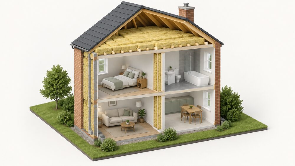 A cutaway view of a small house showing yellow-brown mineral wool mats laid between and over the loft joists, filling the external cavity wall, and sitting in the void of an internal partition wall, all within one building envelope.