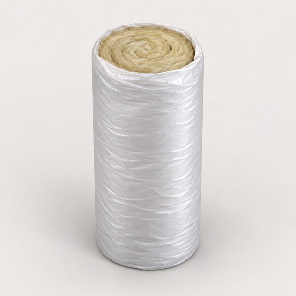 A single roll of mineral wool insulation standing upright on a plain floor, shown as a tightly compressed wrapped roll with its outer packaging and the fibrous edge of the wool visible at one open end, with no other objects or people in the scene.