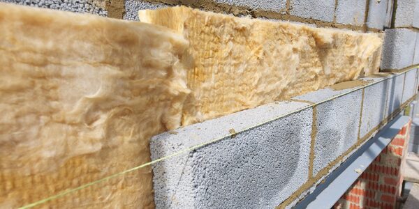 Yellow mineral wool insulation slabs fitted between grey concrete blockwork on a partially built cavity wall