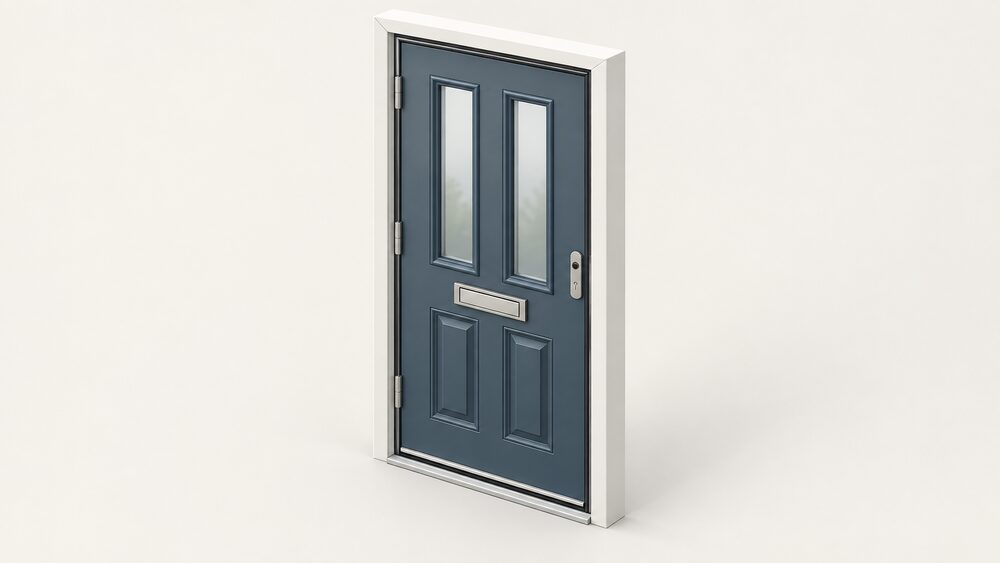 A close-up of a composite external door with a solid timber core and weather-resistant skin, set in its frame with draught-proof seals around the outer edge, a letterbox with a seal, a lock on the edge and a threshold at the bottom.