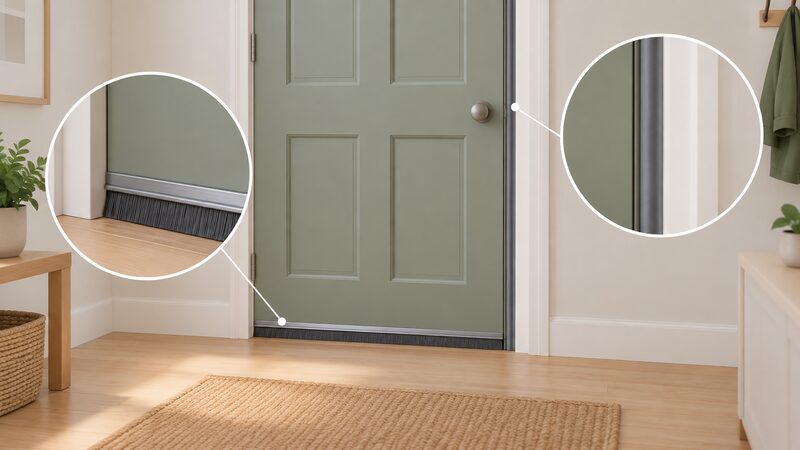 An interior view of a closed front door in its frame, with a brush strip fitted along the bottom edge over the threshold and a compressible seal strip running down the vertical frame edge, daylight showing through no gaps.