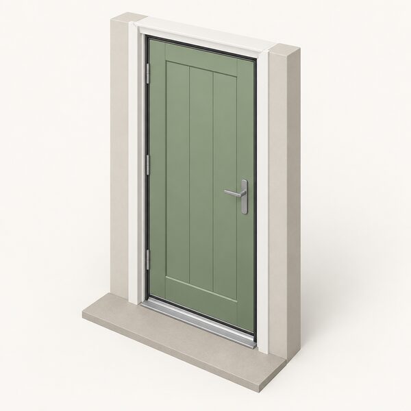 A cutaway isometric view of a complete external doorset showing the door leaf within its surrounding frame, compression seals around the perimeter, and a threshold at the bottom, with no glazing or labels, so the whole assembly rather than just the panel is visible.