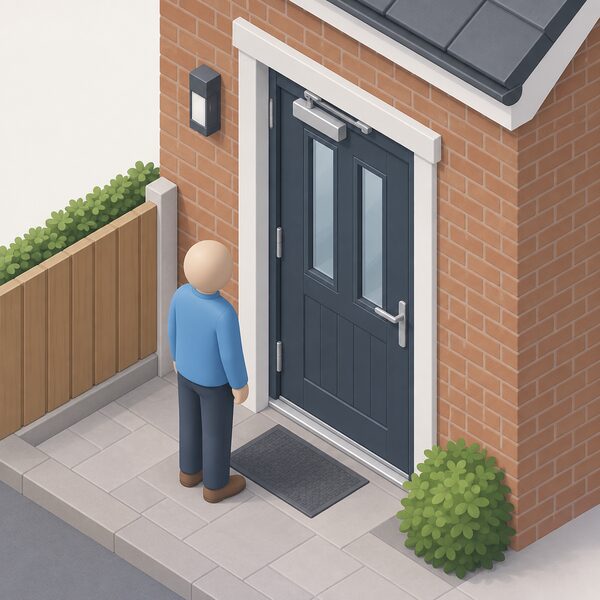 An isometric view of an external front doorset close to a boundary, with an overhead self-closer mounted at the top of the door on the inside face, its arm linking the closer body on the door to the frame, shown with a simplified figure standing beside it.