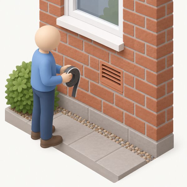 A close view of an outside brick wall with a small air vent set among the bricks, shown clear and unobstructed, with a simplified isometric figure standing beside it holding a draught proofing strip, leaving the vent open.