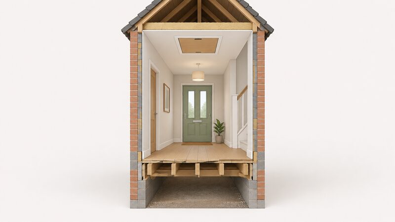 A cutaway hallway view showing a front door at ground level, a loft hatch in the ceiling above, and a suspended timber floor with joists beneath the floorboards, all as separate openings in one building envelope.