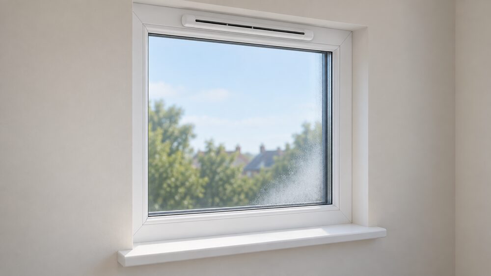 A close-up of a double glazed window set in a PVC-U frame, seen from inside the room, with a trickle ventilator at the top of the frame and a faint patch of misting between the two panes in one corner of the sealed unit.