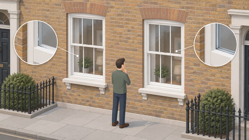Two adjacent sash windows on the street-facing elevation of a brick terrace house in a conservation area, one retaining its original single-glazed joinery and the other fitted with slim-profile double glazing that matches it, with a simplified isometric figure standing between them comparing the two.