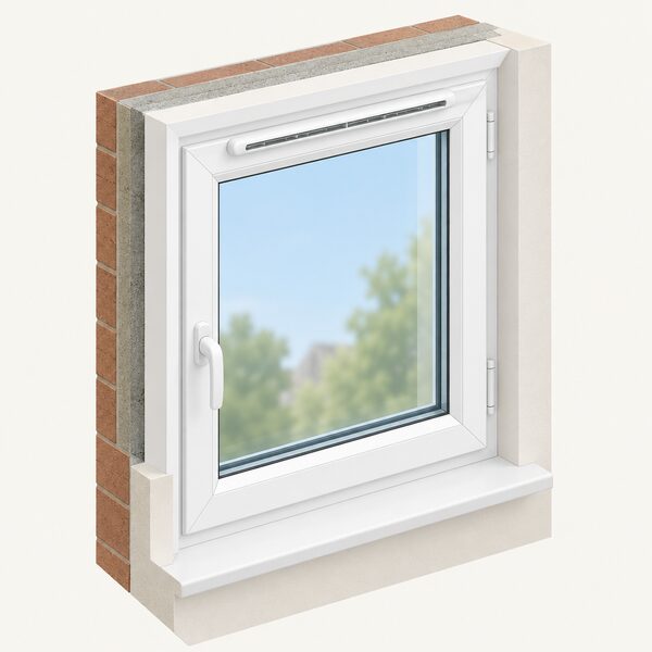 A white PVC-U casement window frame shown in a simple cutaway wall setting, with a slim trickle ventilator strip fitted along the top of the frame head, drawn so the ventilator slot and its cover are clearly visible.