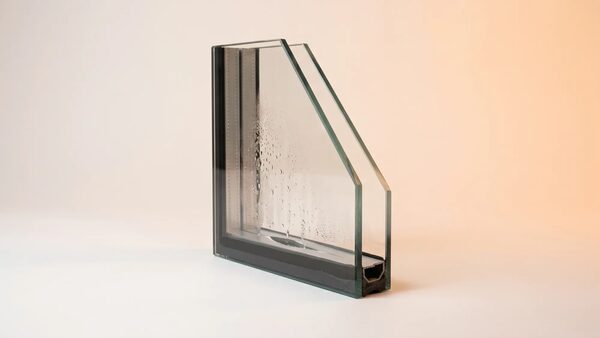 A cutaway sample of a double glazed sealed unit showing condensation droplets between the two glass panes