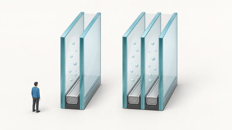 A cutaway cross-section showing a double glazed sealed unit with two panes, one gas-filled cavity and a spacer bar, beside a triple glazed unit with three panes, two cavities and spacer bars, both shown edge-on at equal overall depth.
