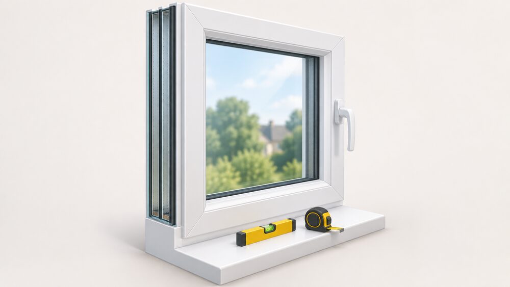 A close-up of a uPVC casement window seen at an angle so the edge of the sealed unit is visible, showing three panes of glass separated by two spacer-bar cavities, set in a deep frame, with a small spirit level and tape measure resting on the sill.