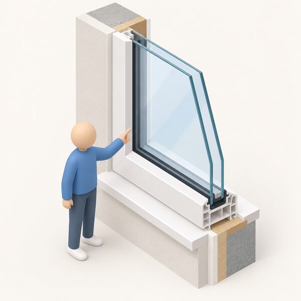 A cutaway view of a modern double glazed window set in a home's internal wall reveal, showing the frame section with two parallel panes of glass separated by a sealed cavity, with a simplified figure beside it pointing at the glass edge.