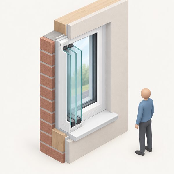 A cutaway isometric view of a triple glazed window unit set in a house wall, showing three parallel panes of glass separated by two gaps within one frame, with a small simplified figure standing beside it for scale.